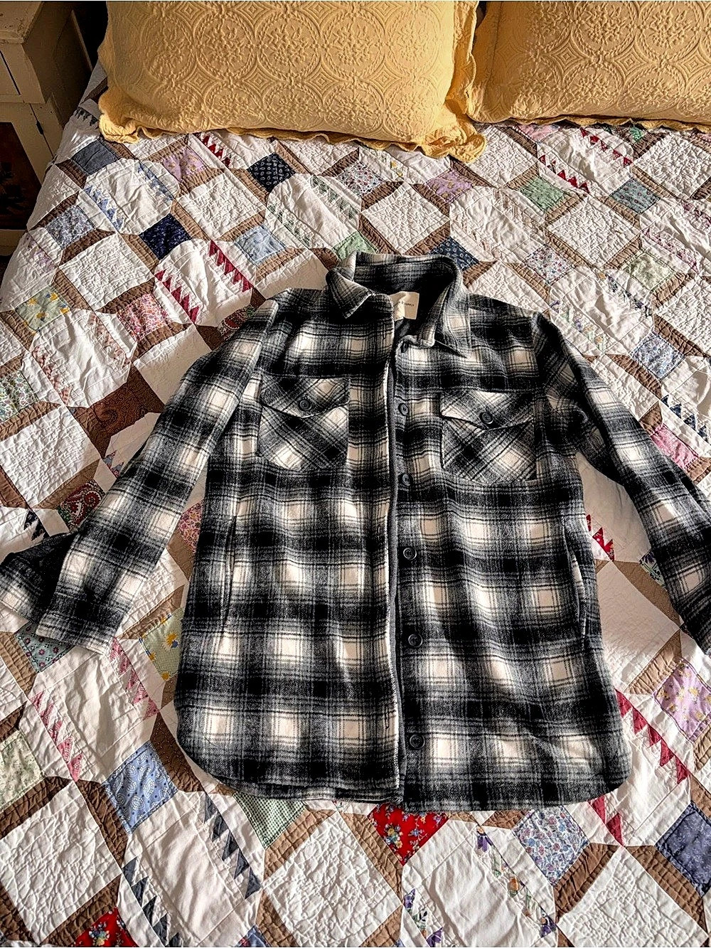 Thread & Supply Plaid Polar Fleece Shacket Black & White Medium